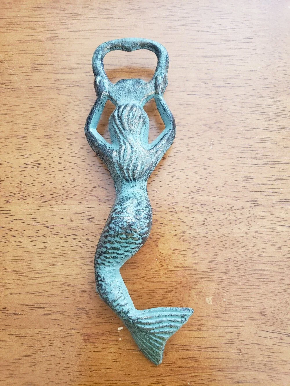 Cast Iron Mermaid Bottle Opener Patina Green blue teal Turquoise Nautical Coast